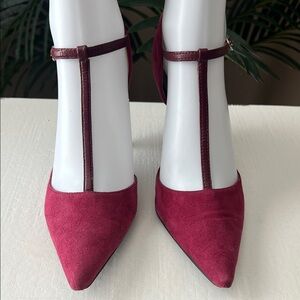 BCBG Maroon T-Strap Suede Heels